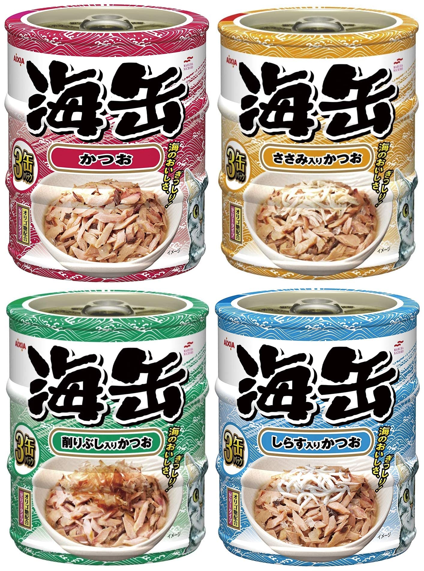 アイシア 海缶 (かつお ささみ入りかつお 削りぶし入りかつお しらす入りかつお) ミニ缶詰 ゼリータイプ 60g×3缶パック 4種12缶 セット