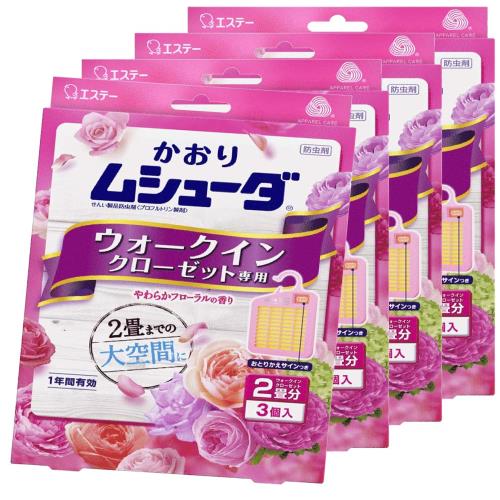 【まとめ買い】かおりムシューダ 1年間有効 防虫剤 ウォークインクローゼット専用 3個入 やわらかフローラルの香り×4個