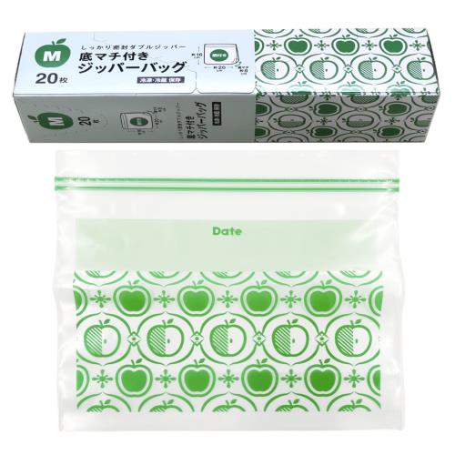 コア フリーザーバッグ マチ付き Mサイズ グリーン 20枚 レトロ柄 ダブルジッパー ジッパーバッグ チャック袋 食品保存 冷凍 保存袋 KB-100