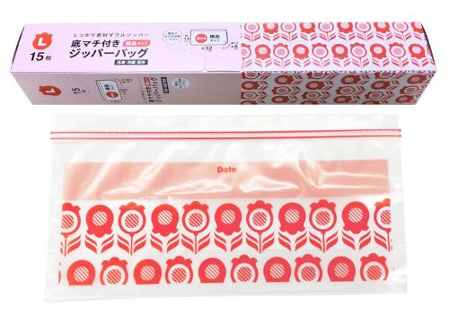 コア フリーザーバッグ マチ付き 横長 Lサイズ レッド 15枚 レトロ柄 ダブルジッパー ジッパーバッグ チャック袋 食品保存 冷凍 保存袋 KB-102