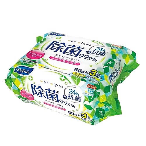 ライフ堂プラス(Life-do.Plus) 除菌シート リファイン ノンアルコール除菌 ウェットティッシュ 60枚 3個パック 日本製 除菌 24時間 肌に優しい 敏感肌 ヒヤルロン酸配合 詰め替え用