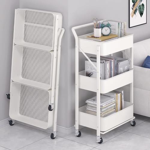 キッチンワゴン 組立不要 3段 折り畳み式 スチールラック 幅46×奥行29.5×高さ87cm バスケットトローリー バスケットラック ハンドル キッチンラック キャスター付き 3段 棚 隙間収納 収