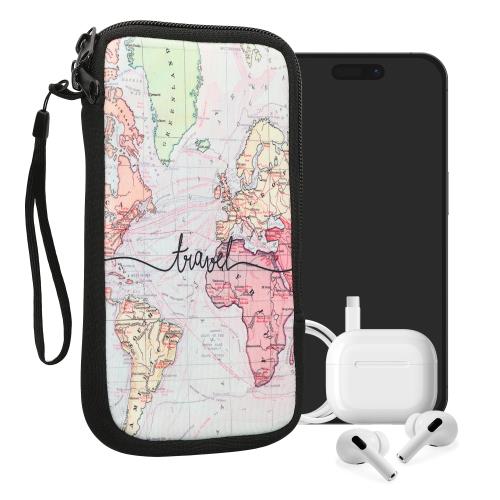 kwmobile スマホ 保護ケース XL - 6.7/6.8対応 - ネオプレン クッション カバー - 内寸法 世界地図 トラベルデザイン 黒色/マルチカラー 17.2 x 8.4 cm 対応