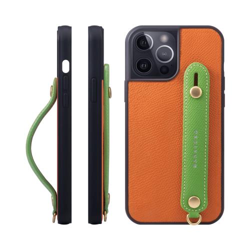 HANATORA i Phone12Pro Max ケース 本革 耐衝撃 背面ベルト スマホケース スマホ スタンド機能 ネック ストラップ 付き エンボスレザー ギフト マグネットなし オレンジ+グ