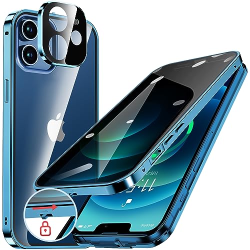 HGUTREY覗き見防止・自動ポップアップボタン i Phone12 用 ケース ロック付きストラップホール付き一体型レンズ保護 両面9H強化ガラス あいふぉん12ケース 耐衝撃 アルミ バンパー メ