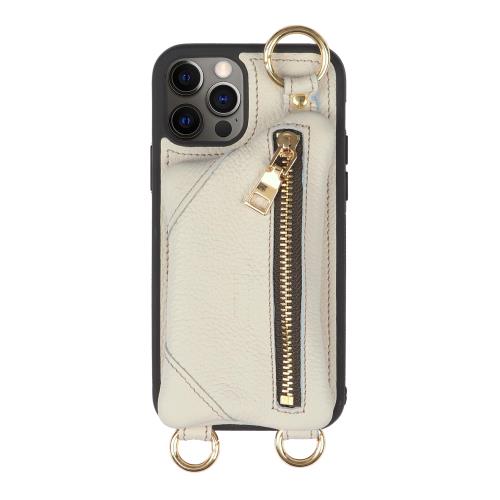 [HANATORA] i Phone 12Pro ケース ショルダー 本革 ファスナー スマホショルダー カバー カード 収納 小銭入れ ホワイト BPCJP-12Pro-White