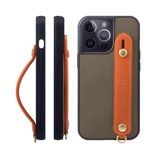HANATORA i Phone15Pro ケース 本革 耐衝撃 背面ベルト スマホケース スマホ スタンド機能 ネック ストラップ 付き エンボスレザー ギフト マグネットなし トープ+オレンジ N