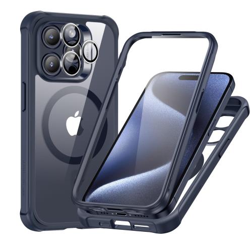 ESR i Phone 15 Pro 専用ケースセット 1セット個別レンズ保護フィルム Mag Safe互換スマホケース対応 全面保護タイプ軍用規格保護力 耐傷性 Armorシリーズ クリアブルー
