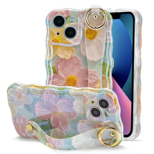 QLTYPRI i Phone 15 用 ケース TPUカバー ウェーブ おしゃれ 韓国 可愛い 花柄 薄型 軽量 耐衝撃 スマホケース ハンドベルト付き カラビナリング付き スタンド機能 ワイヤレス